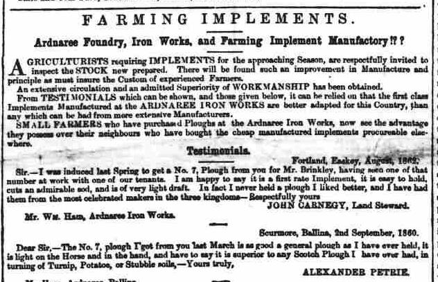 38 Alexander Petrie testimonial for plough, Jan 3 1863, Connaught Watchman