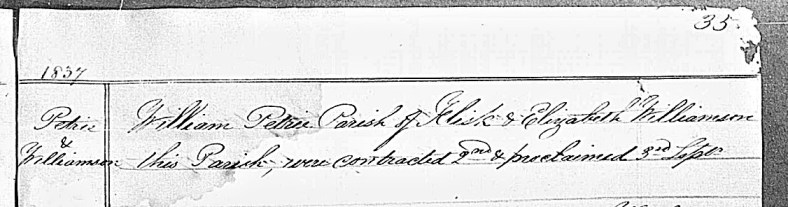 7 William Petrie and Eliz Williamson marriage register